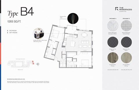 Floor plan for 2 beds, 2 baths, 1283 sqft